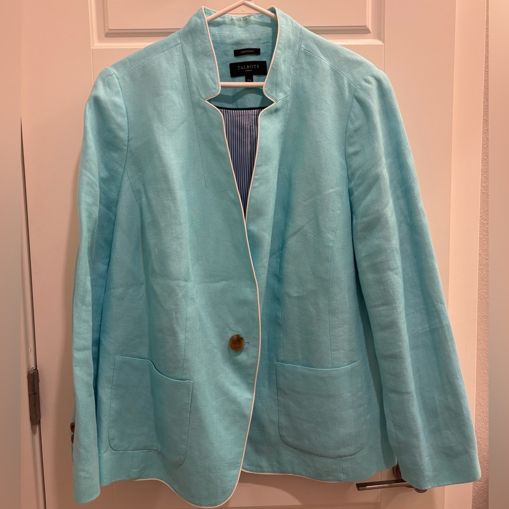 Talbots Light Aqua Blue Open Collar Blazer